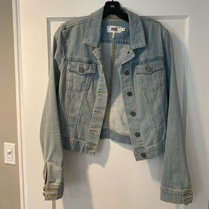 Paige denim jacket size M. Light blue, stretchy, used but solid condition.